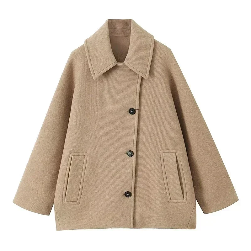 ZBZA Women's Oblique button Loose batwing sleeve jacket coat Lapel Long Sleeve Double Pocket Warm Solid Color Vintage Outerwear Autumn winter New Female Chic coat