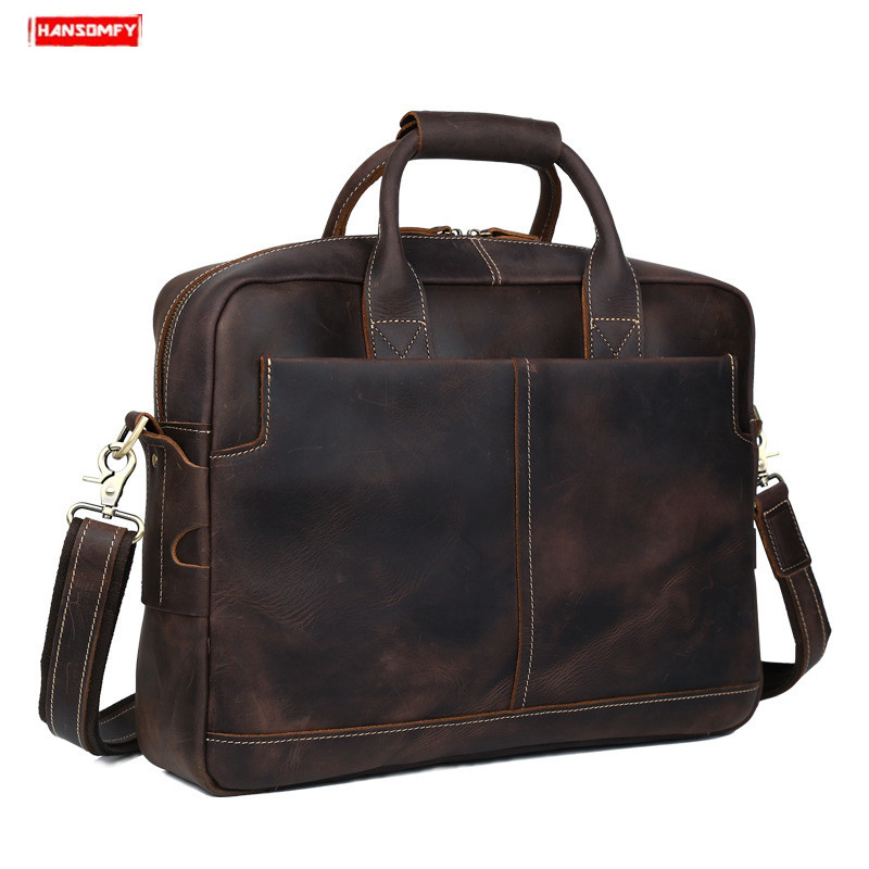 Retro Crazy Horse Leatehr Men's Briefcase Large Capacity Handbags 16" Laptop Crossbody Shoulder Bag Genuine Leather Travel Bags