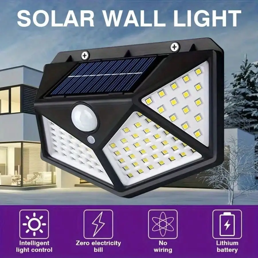 1 unidade, luz de parede 100 LED, sensor de movimento inteligente, carregamento solar, à prova d'água, adequado para pátios, jardins, piscinas, cercas