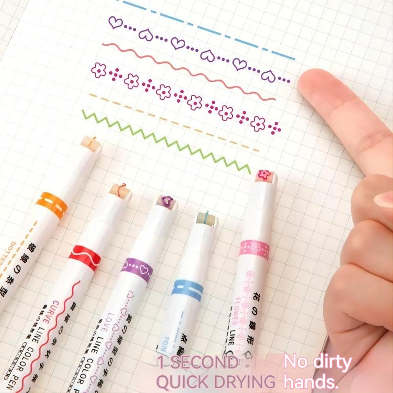Evidenziatori a forma di linea di fiori Kawaii, punta a rullo, fodera curva, pennarello per scrivere, journaling, cancelleria da disegno, set da 6 pezzi
