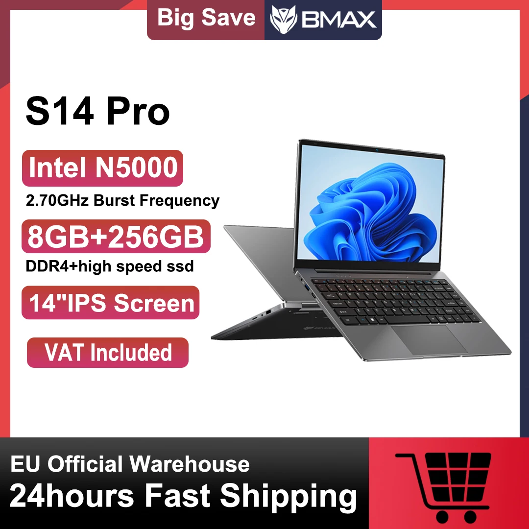 Bmax s14 pro Laptop Computer Intel N5000 8GB RAM 256GB SSD CPU 1920*1080 14 Zoll Windows 11 Dual Notebook WLAN USB Laptop PC