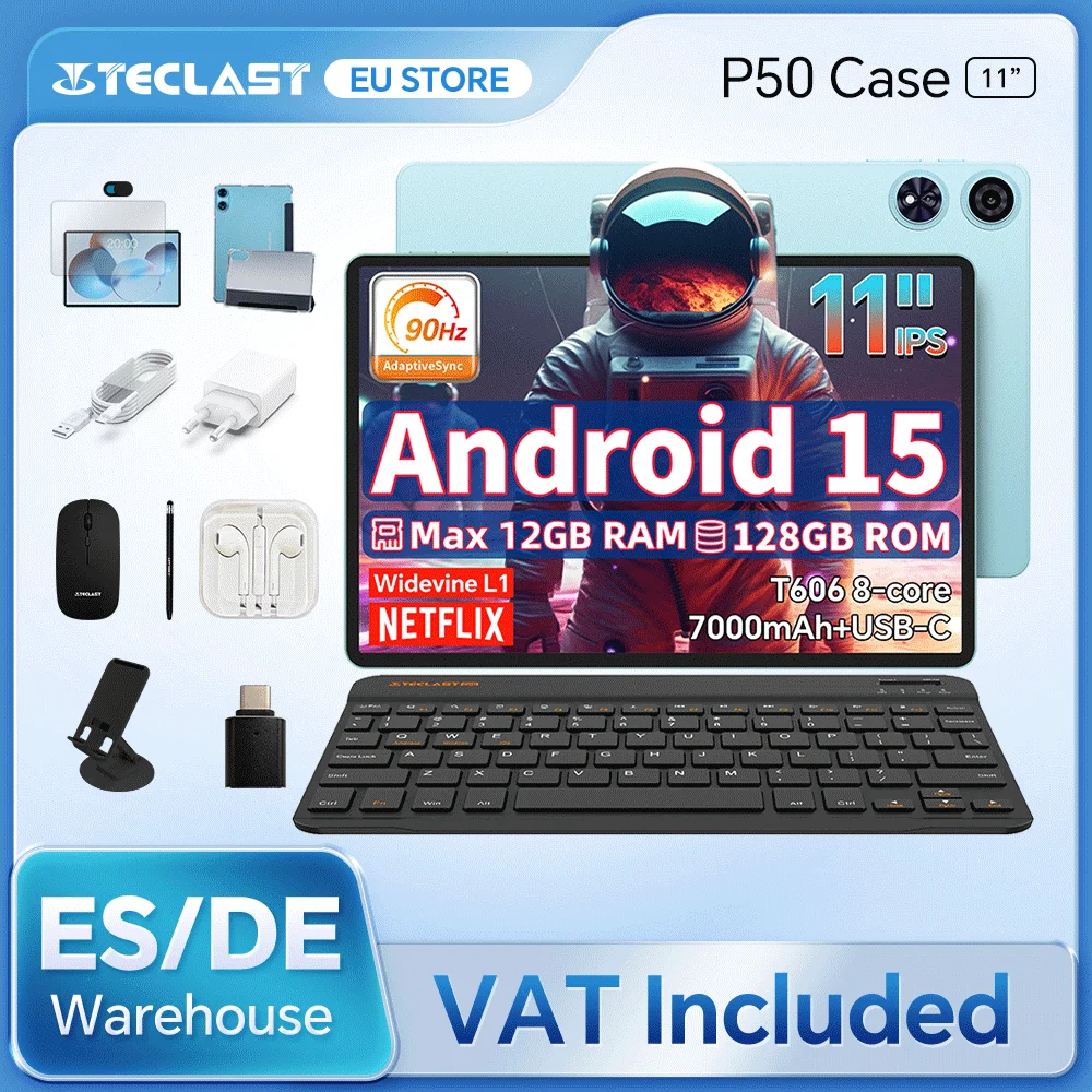 Teclast Tablet P50 Hülle Android 15 11 Zoll T606 8-Core Max 12 GB RAM 128 GB ROM P50 Hülle/Tastatur/Maus/Stylus/Kopfhörer/Ständer