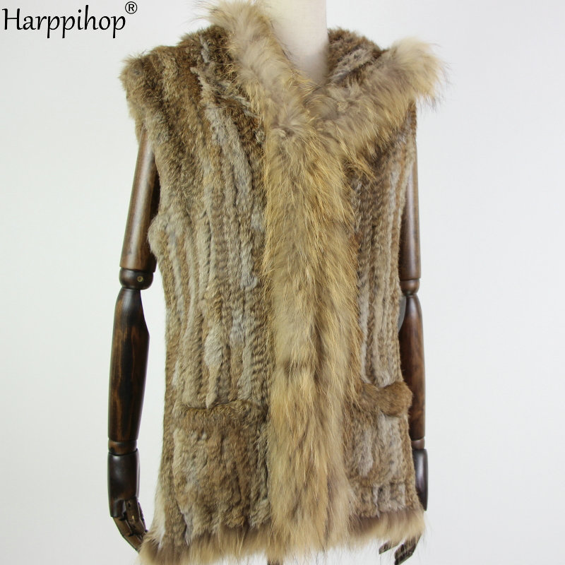 Harppihop pele novo colete de pele natural genuíno pele de coelho malha gilet com pele com capuz casaco longo jaquetas com bolso feminino inverno