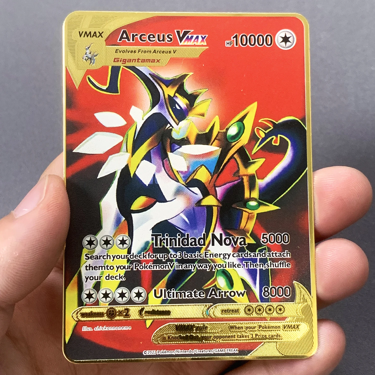 10000 Arceus Vmax DIY Golden Pokemon การ์ดโลหะภาษาอังกฤษเหล็ก Pokmo ตัวอักษร Pikachu Mewtwo GX เด็กของขวัญคอลเลกชันเกมการ์ด