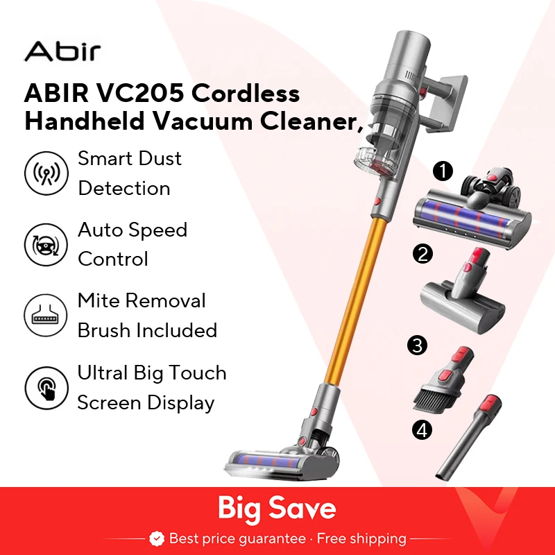 (Código de cupón: NEW888) Aspiradora de Mano Sin Cable ABIR VC205, 27000PA, Sensor Inteligente de Polvo, Pantalla Táctil LED, Control Automático de Velocidad, Eliminador Portátil de Ácaros Inalámbrico
