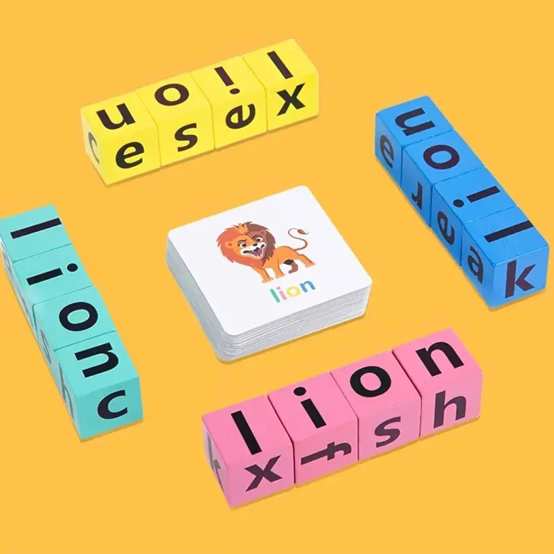 Word Spelling Game Wooden Reading Building Blocks With 40 Cards Letters Puzzle For Kids Montessori Alphabet Learning Toy