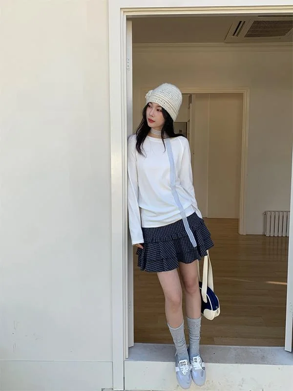 ハイウエストチェック柄ミニスカート、木目調エッジケーキスタイルAラインスカート、レディース秋物カジュアル、ポリエステル素材