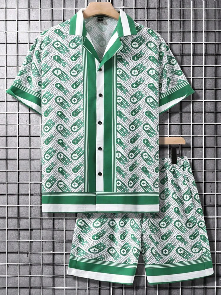 Hemd-Set für Herren, Sommer, 3D-gedrucktes Hemd und Shorts-Set, Herren- und Damenmode, lässig, frisch, einfaches Revers, Hawaii-Hemd