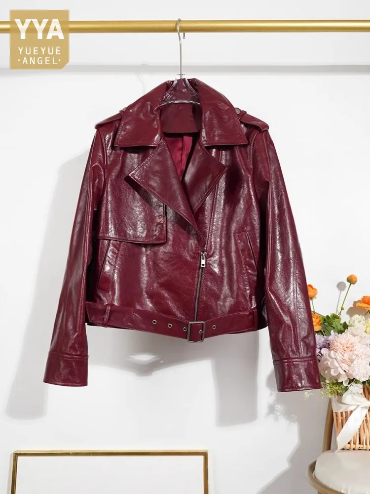 Damen Echt lederjacke neue Punk Slim Fit Reiß verschluss Turn-Down Kragen Motorrad Kurz mantel Frühling Herbst echte Schaffell jacke