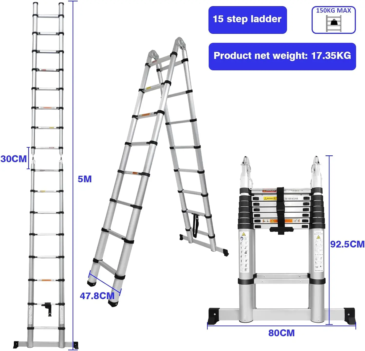 Scala telescopica multiuso in alluminio da 16,5 piedi (8,2 piedi + 8,2 piedi)/5 m, scala pieghevole estensibile, gradini antiscivolo, capacità di carico di 150 kg