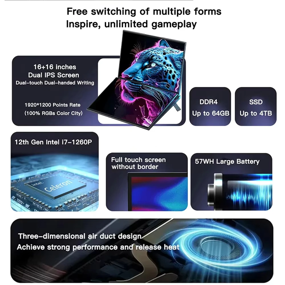 GLF-S1 Dual screen Laptop 16" +16" 1920*1200 12th Gen Intel i7-1360P NoteBook 2*DDR4 SSD 64GB 2TB WIFI Big Screen Office Laptop