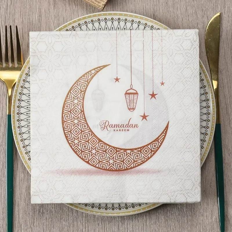 20 pezzi 33 cm 2 strati Tovaglioli stampati con luna dorata Festival Ramadan Carta decorativa Farfalla Osso Bart Carta Bicchiere da vino Fiore