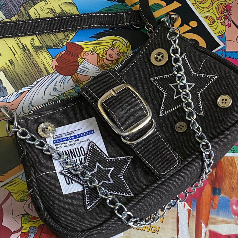 Y2k-Bolso de mano con estampado de estrellas para mujer, bandolera pequeña de lona con cadena, Estilo Vintage, a la moda