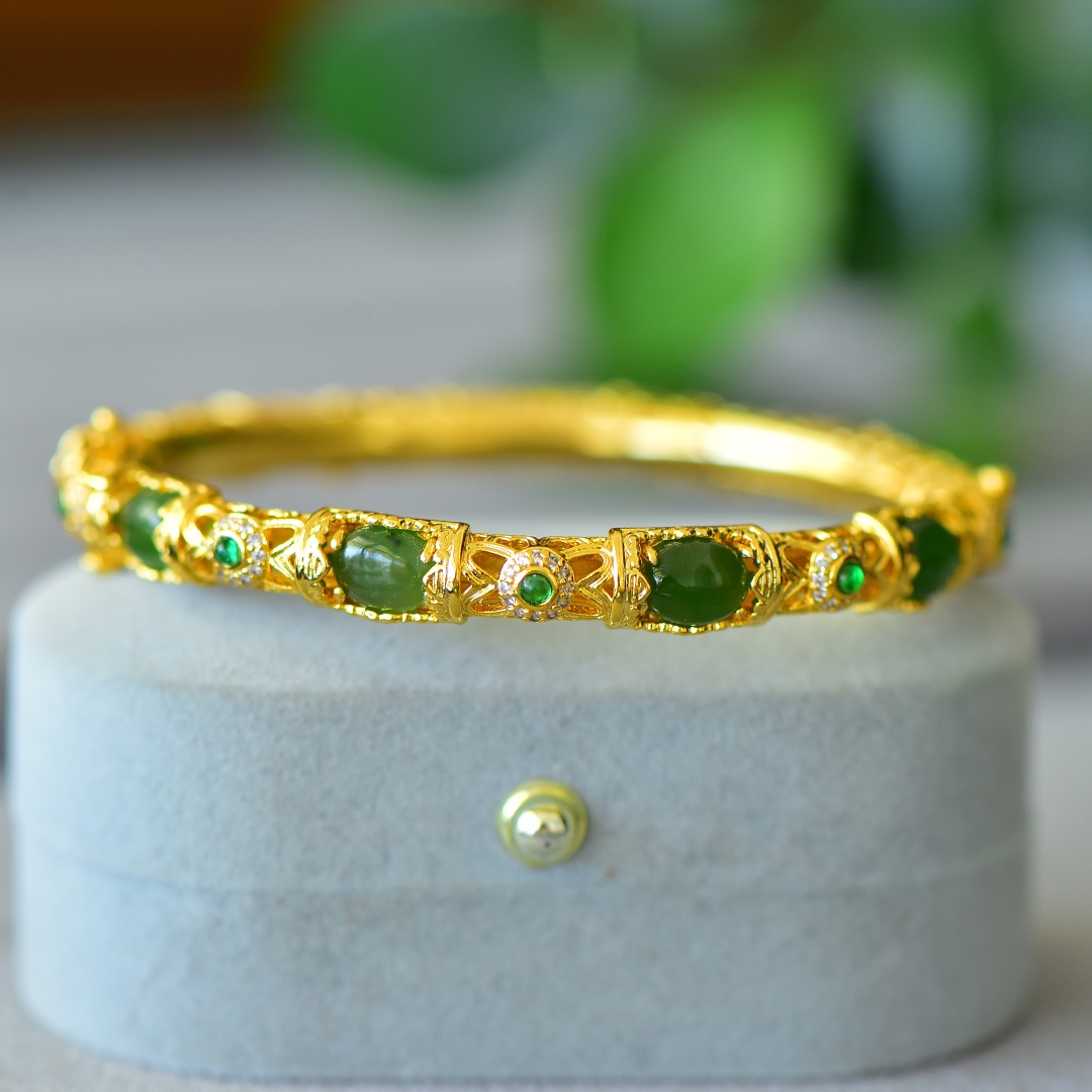 Esculpido oco cobre embutidos pulseiras JASPER para mulheres, pulseira de jade natural, encantos elegantes, presentes da jóia