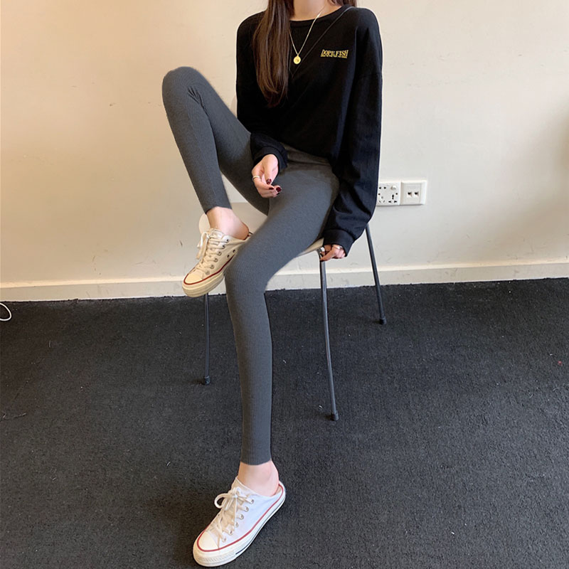 2024 新グレー女性のレギンスハイウエストフリース裏地痩身タイトベースレイヤーパンツ 9 歯の長さ春秋冬