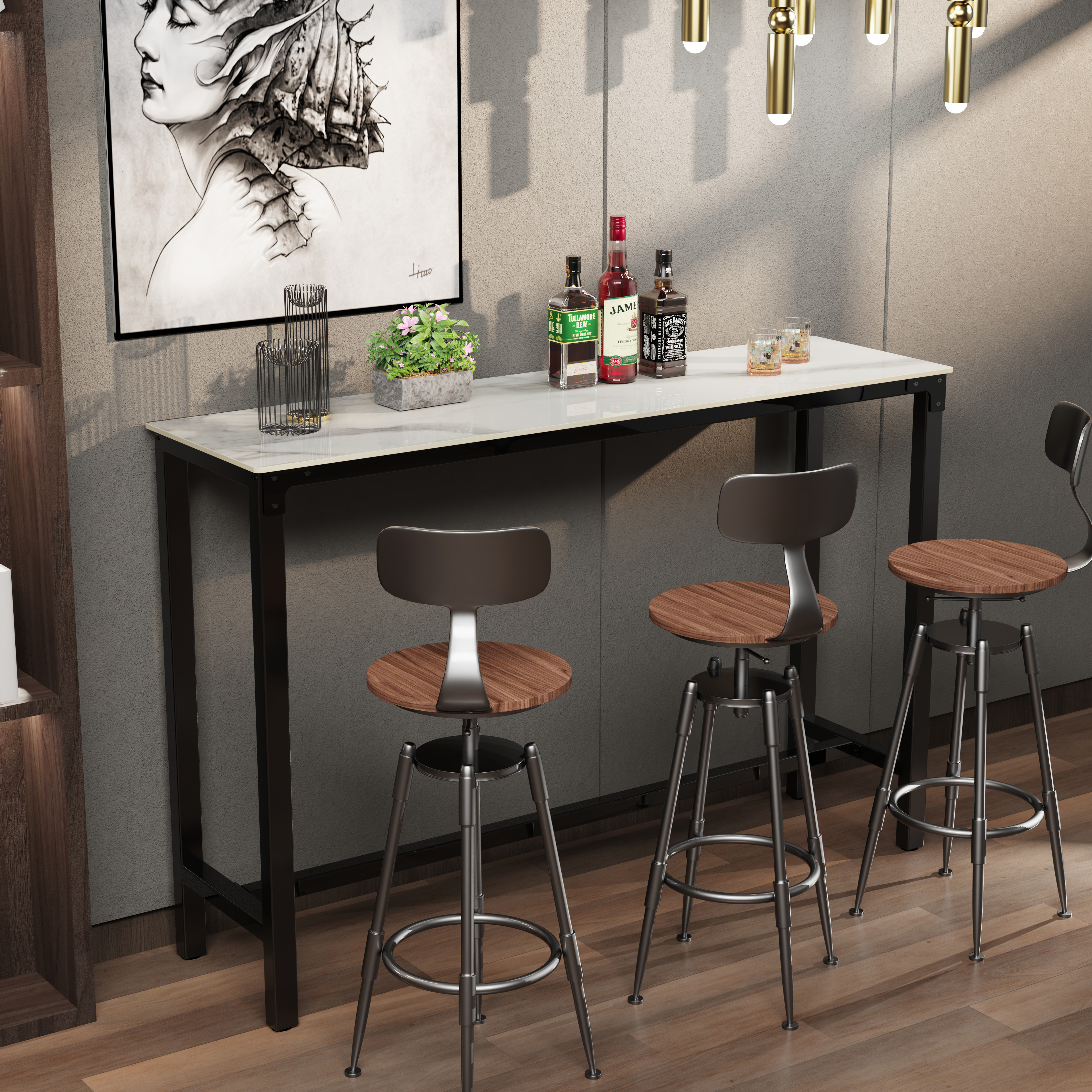 Retângulo sinterizado pedra bar mesa, alta Top Pub mesas, mesa de jantar com metal preto frame, contra altura, branco