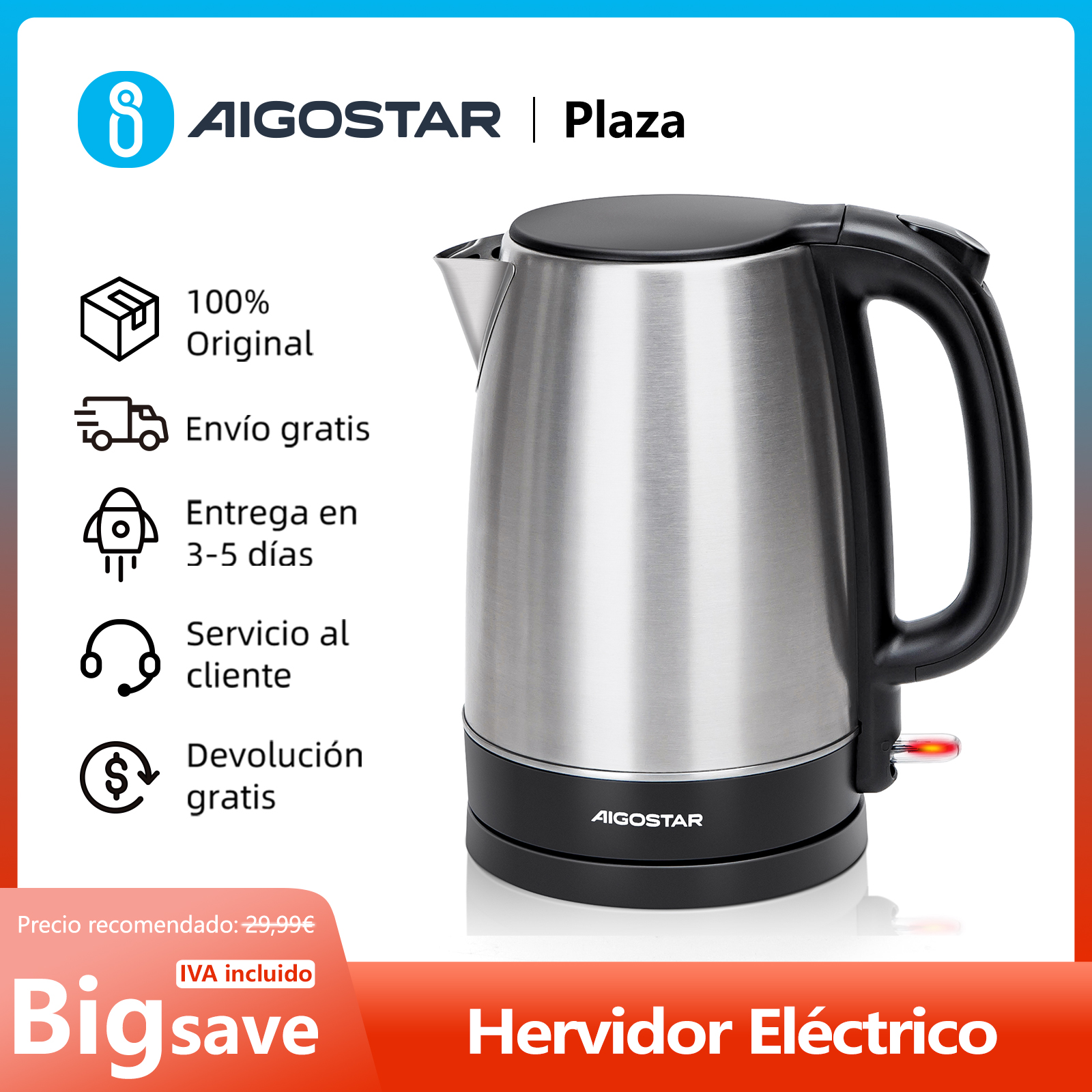 Hervidor de Acero Inoxidable de 1,7 Litros Tetera Electrica, Hervidor de Agua Eléctrico Pequeño, Protección Contra Ebullición en Seco y Apagado Automático, Negro, 2200 W