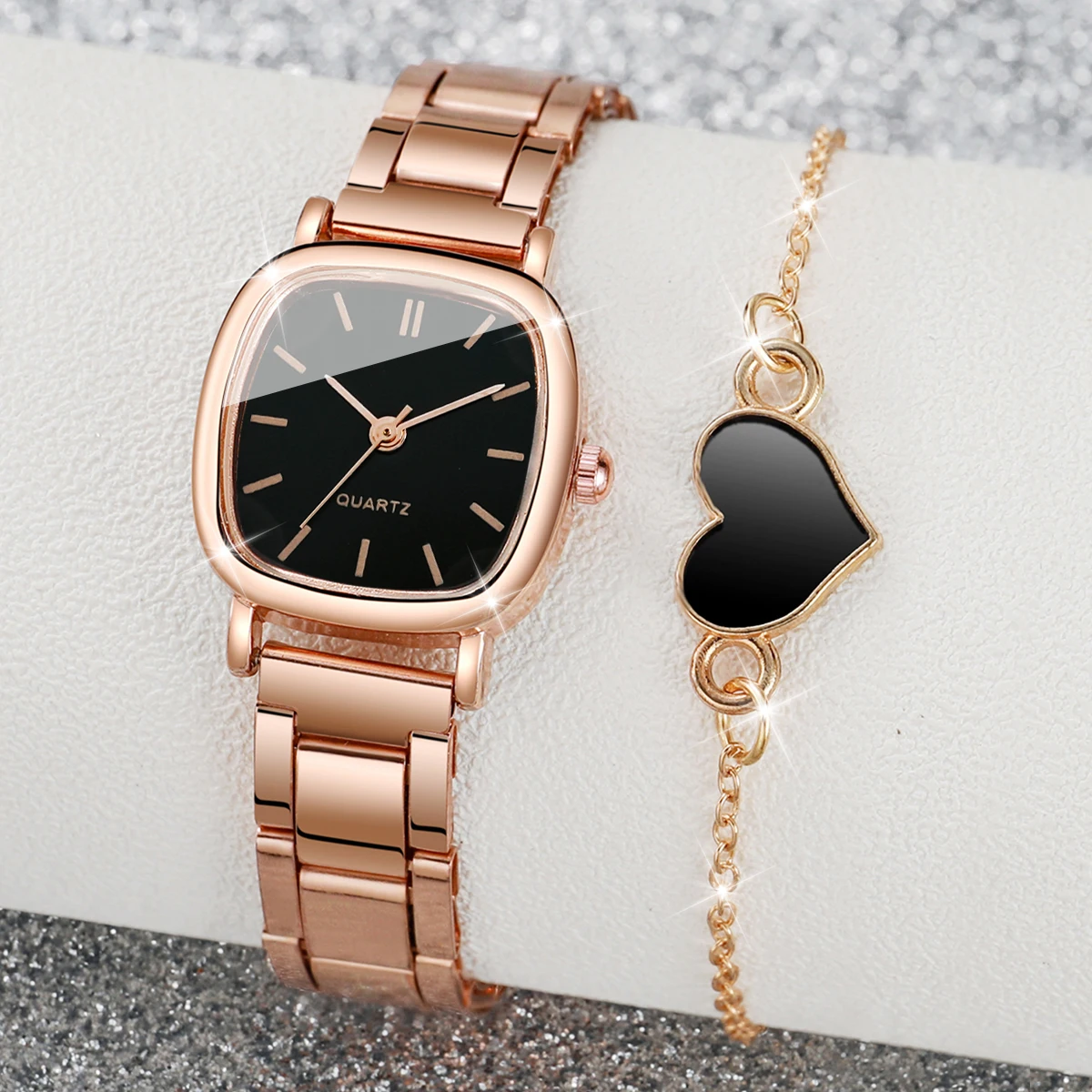 Conjunto de relojes cuadrados de acero inoxidable para mujer, pulsera de cuarzo con corazón, 2 unidades