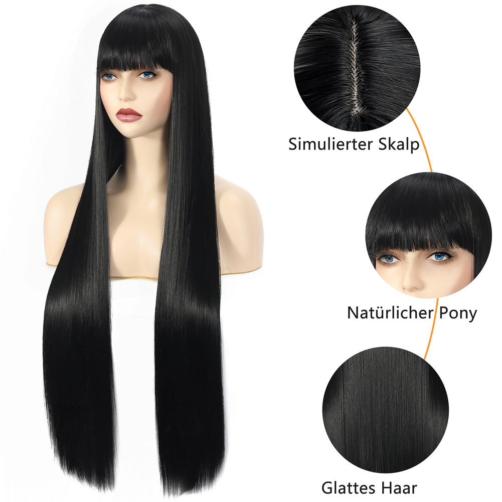 ロングストレート黒ウィッグ前髪付き合成ウィッグ女性のための耐熱髪ロリータレッド Pelucas 日常コスプレ使用