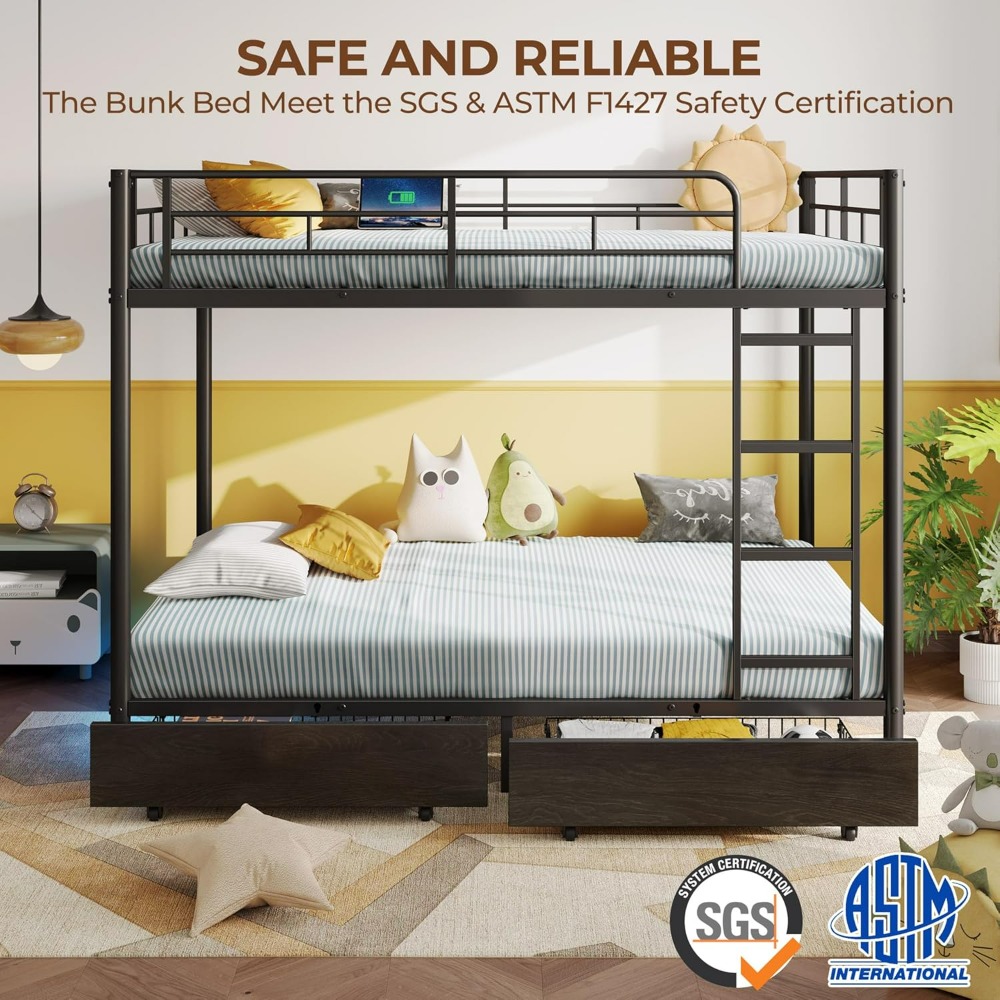 Metal Bunk Bed Full Over Full with USB Charging Station, 2 Storage Drawers, Bed with Safety Guardrail & Ladders, LED Bunk Bed