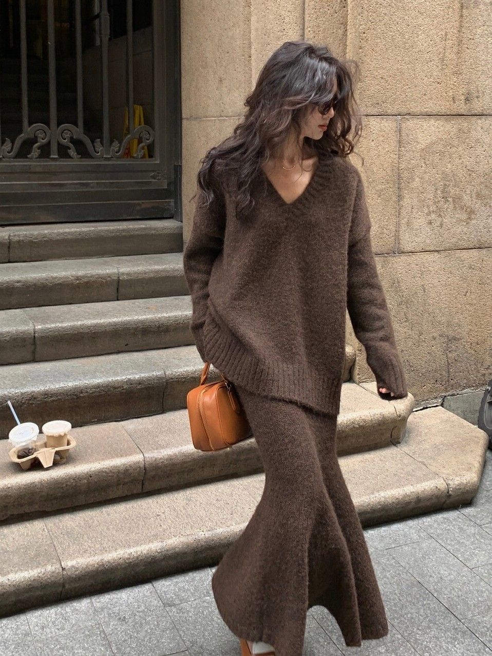 Conjunto de suéter de estilo perezoso, falda para mujer, jersey con cuello en V de otoño e invierno, suéter de punto, Top, media falda, conjunto de dos piezas de moda