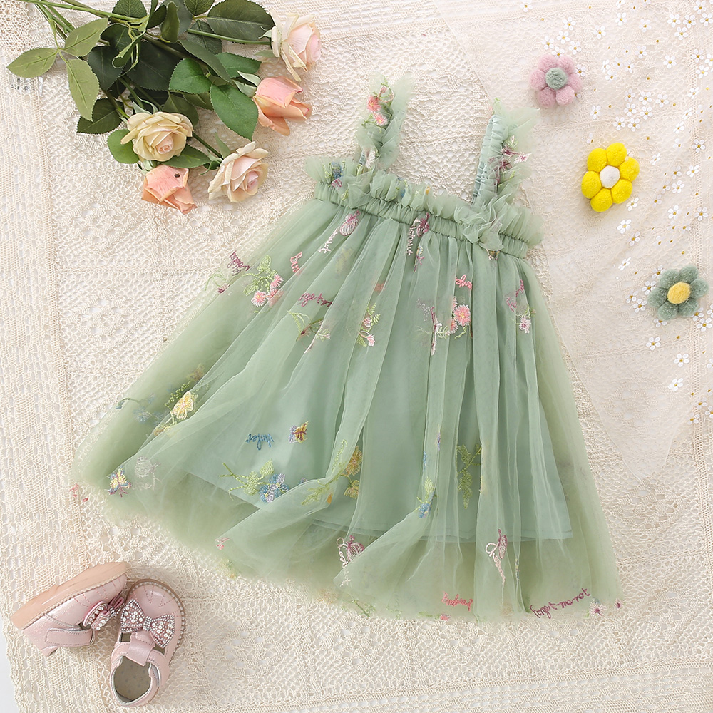 Mignon enfant en bas âge filles maille bretelles arc robe moelleux Tulle Tutu robe de princesse été bébé filles broderie fleur tenue décontracté