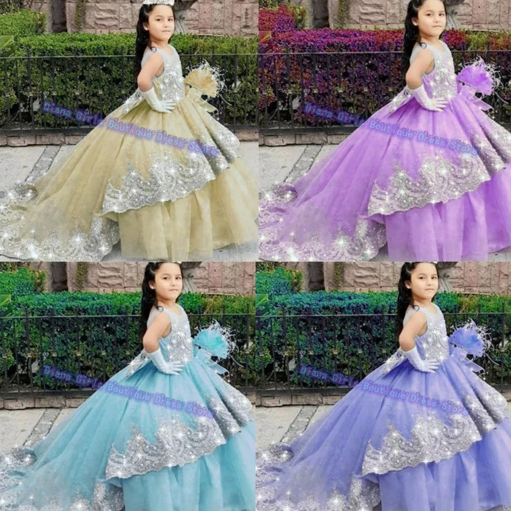 ที่กําหนดเองสีดอกไม้สาวชุด Elegant สีเทาการพิมพ์สําหรับงานแต่งงาน Ball Party สาวเจ้าหญิงเด็กวันเกิด Gowns