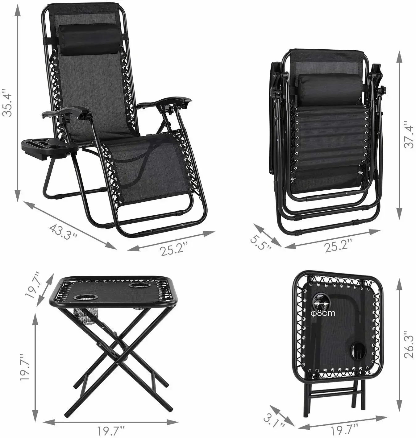 Homfa – ensemble de chaises longues de jardin avec Table pliante, chaise inclinable réglable à gravité zéro, siège intérieur/extérieur