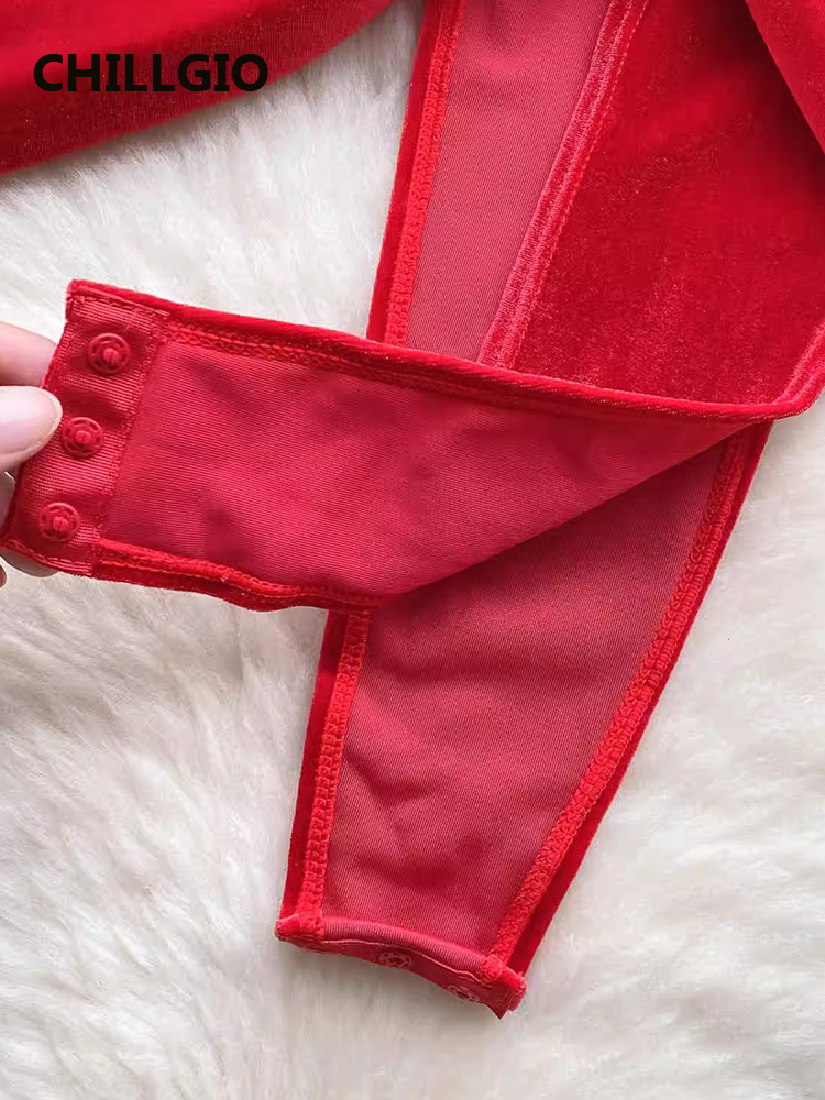 Chillgio Frauen Weihnachten Velours Riemchen Stram pler Mode Bogen eng eine Schulter Catsuit sexy solide einteilige Kombination Bodysuit