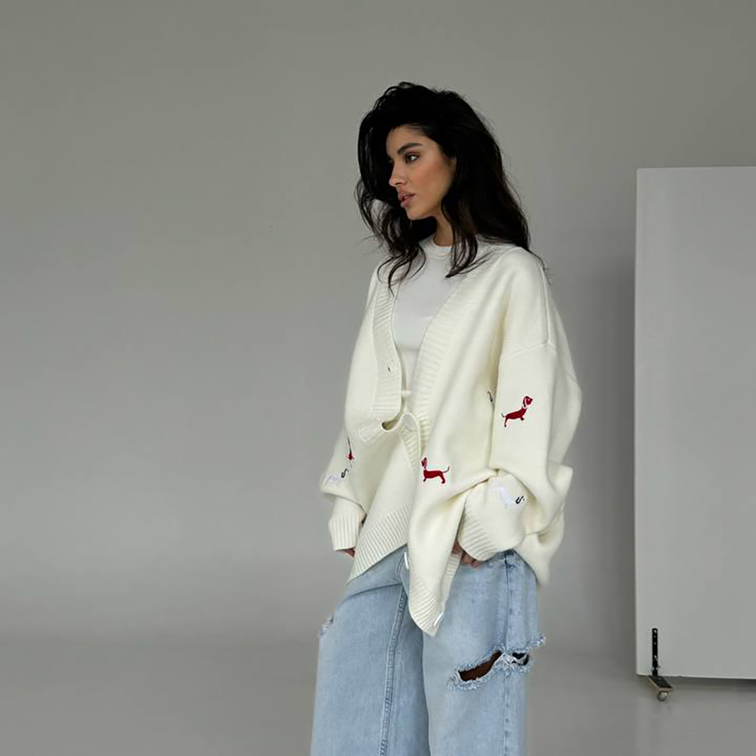 Zekye трансграничный свитер с вышивкой таксы для женщин супер свободный мягкий ленивый модный вязаный кардиган верхняя одежда