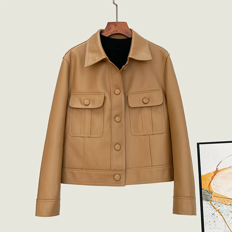2025, neue kurze Jacke aus echtem Schaffell für Damen, modisch, einreihig, Taschen, schlank, Damen, lässig, echte Lederjacken, Mäntel