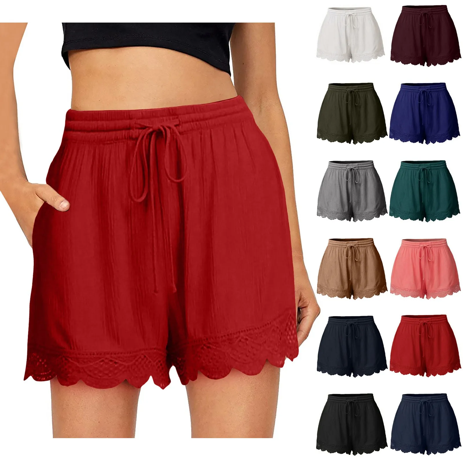 Ruffle Hem Shorts renda para mulheres, shorts casuais, plus size, cordão