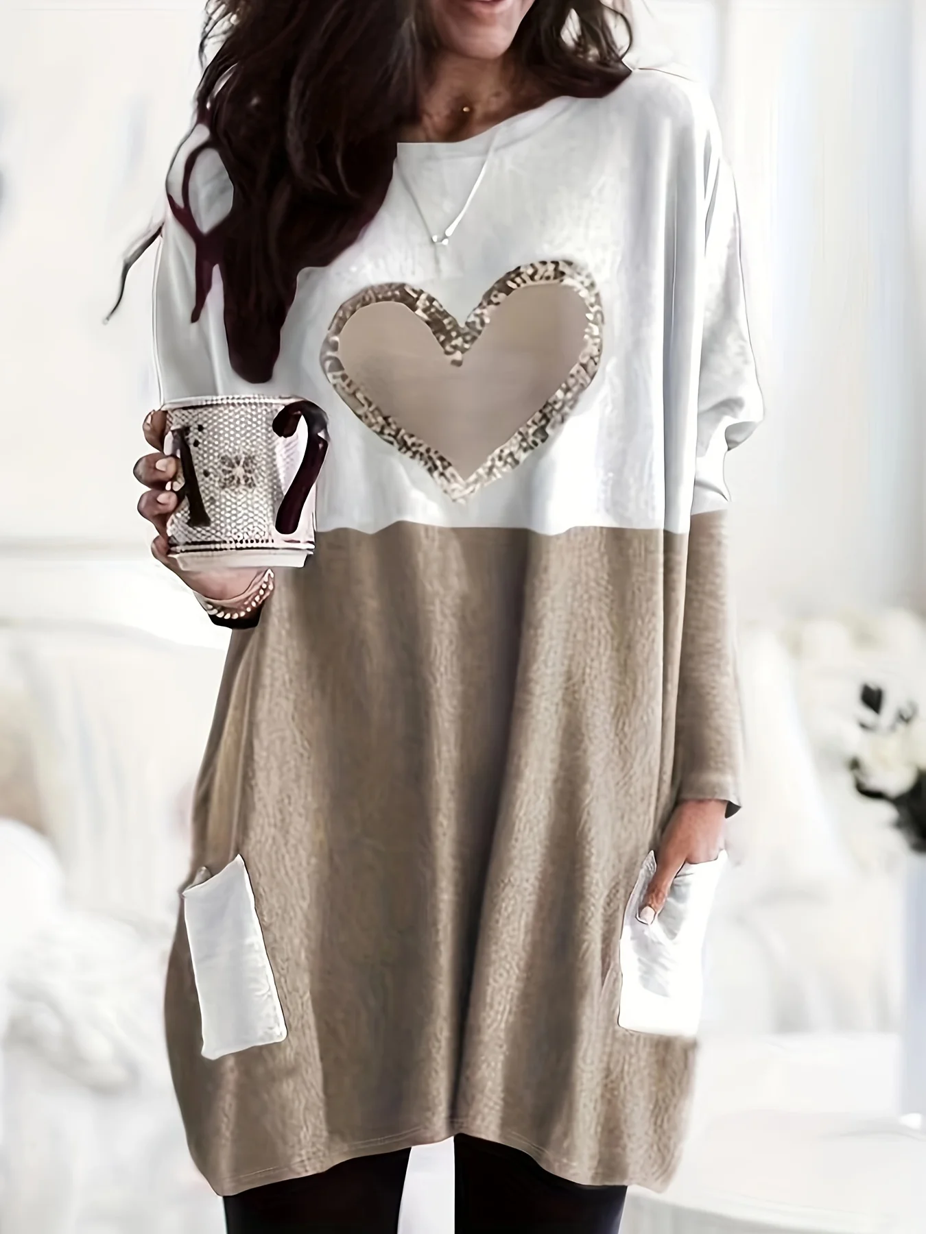 2024 Plus Size Europa und die Vereinigten Staaten Herbst Liebe gedruckt Rundhals ausschnitt lose Farbe Kontrast Langarm T-Shirt Frauen