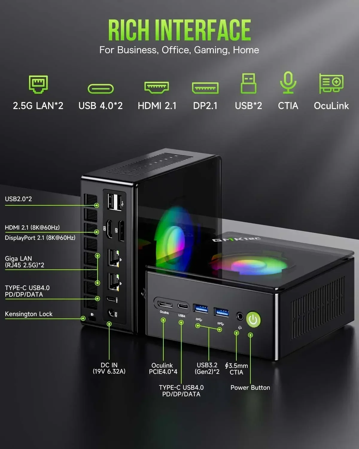 GMKtec-Gaming Mini PC Gamer Computer, Ryzen 9, 8945HS, Radeon 780M, Windows 11 Pro, DDR5, 32GB, 1TB SSD, WiFi 6, BT5.2, 2.5GLan