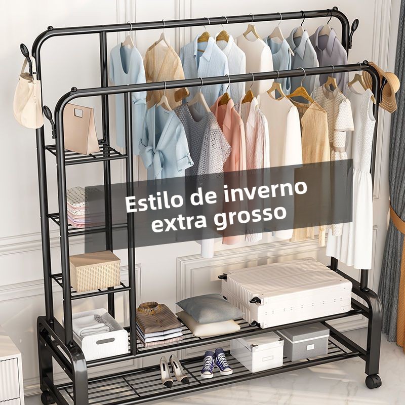 Varal de Chão Simples com Haste Dupla para Roupas, Suporte de Ferro para Armazenamento Interno, Prateleira para Quarto e Varanda