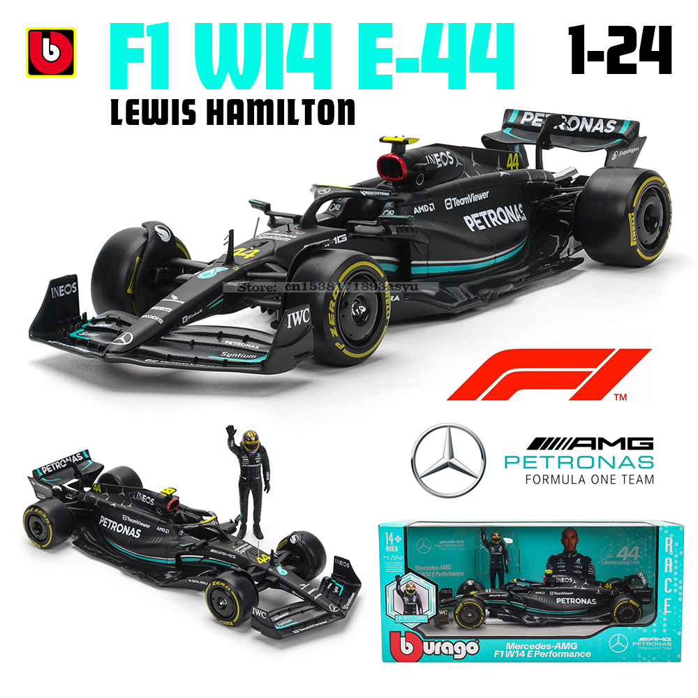 Bburago 1:24 2023 F1 Mercedes-AMG W14+Mueca ganhadora 44 #   Hamilton 63 #   Russell Paint Fórmula 1 Liga Super Toy Car Mode