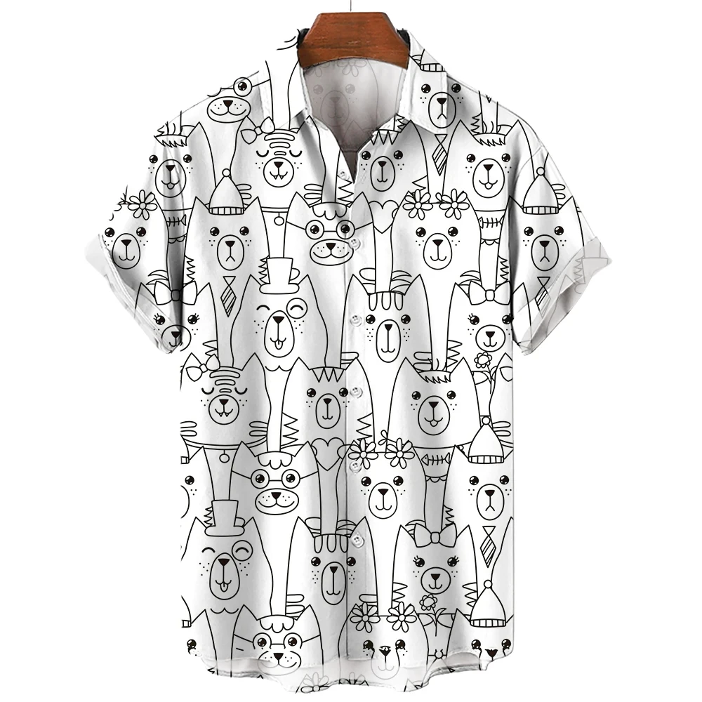 Herren Kurzarm Shirt Mode Cartoon Linie Katze Muster Print Top Damen Casual Button Shirt Top