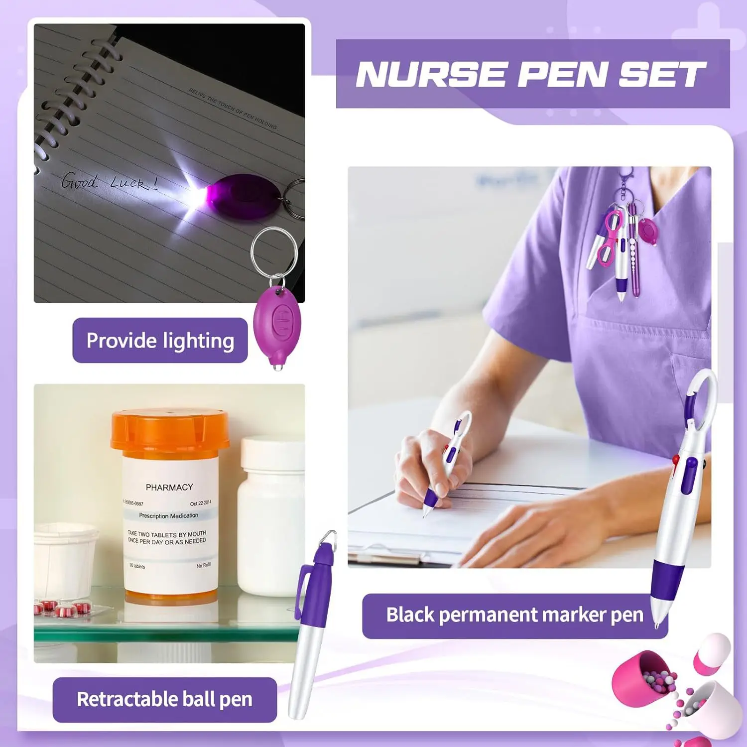 6-in-1-Multifunktions-Kugelschreiber-Set mit einziehbarer Taschenlampe, faltbare Schere, Kugelschreiber, Schlüsselanhänger, Krankenschwester-Stifte, Permanentmarker