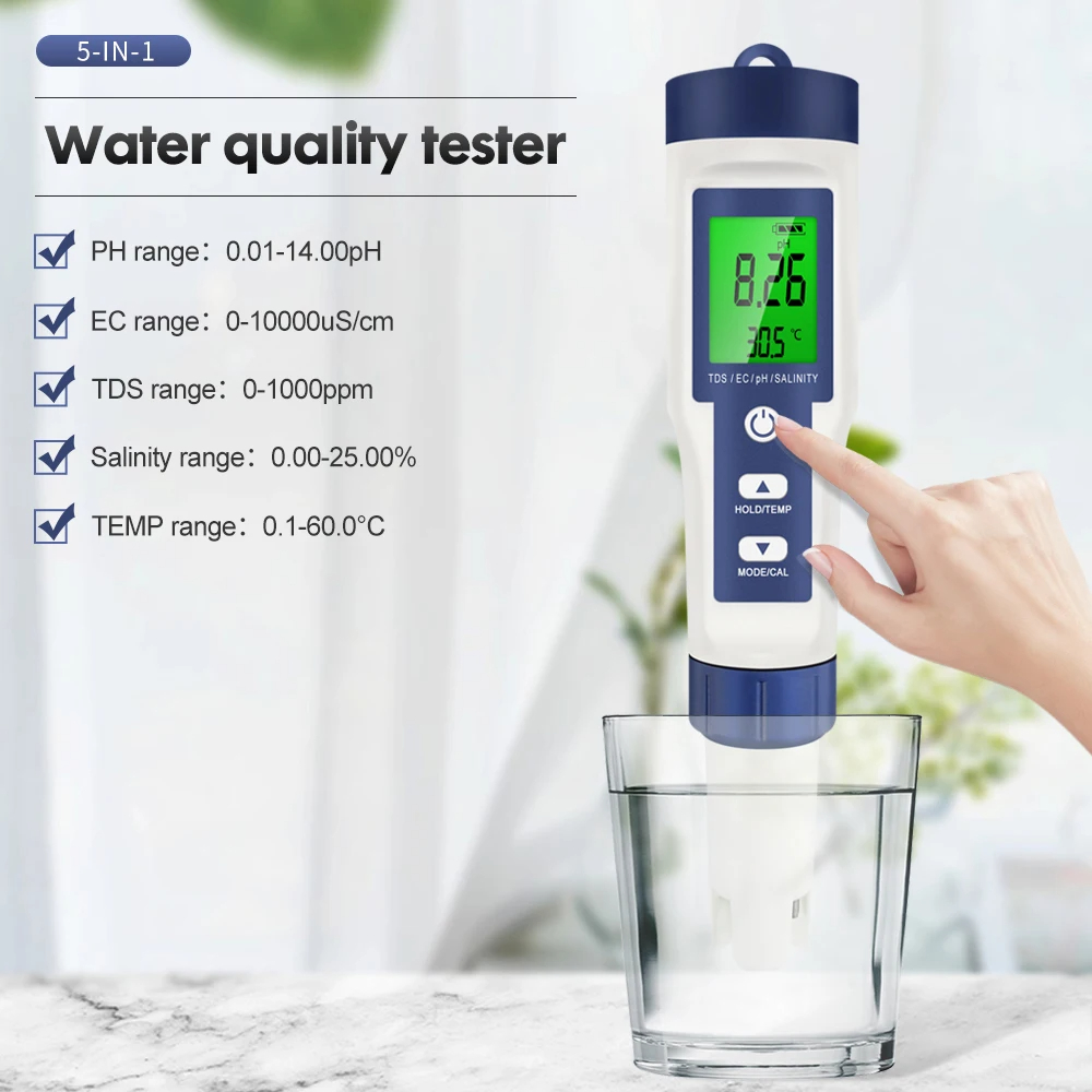 5 In 1 Digital PH TDS EC Meter เครื่องทดสอบอุณหภูมิความเค็มการนําไฟฟ้ากรองน้ําความบริสุทธิ์ปากกา Backlight