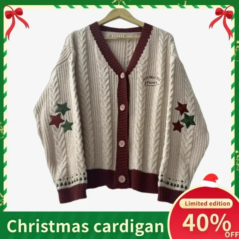 Weihnachtsbaum-Strickjacke für Damen, warm, Herbst-Winter-Pullover mit Buchstaben-Stickerei, Urlaub, gestrickte Strickjacken, Tops, Weihnachtsgeschenk