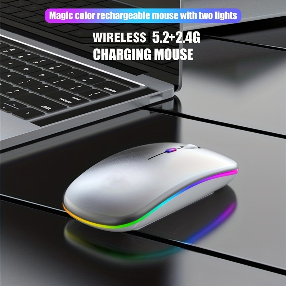 Ratón inalámbrico Bluetooth y 2,4 GHz modos duales recargable RGB ergonómico silencioso clic para PC iPad portátil teléfono móvil TV