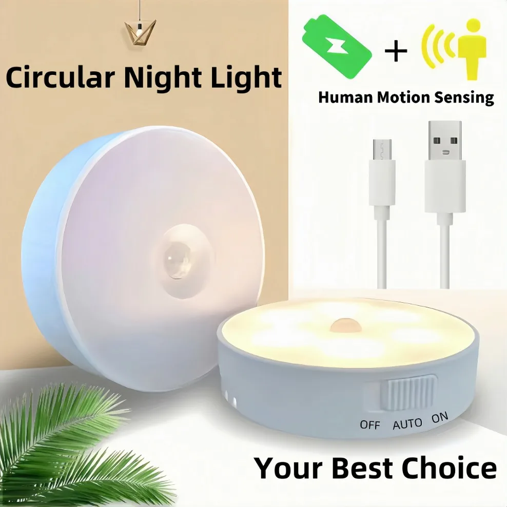 Luz LED con Sensor de movimiento, Mini luces nocturnas USB, lámpara redonda recargable para dormitorio, cocina, escalera, pasillo, armario, iluminación