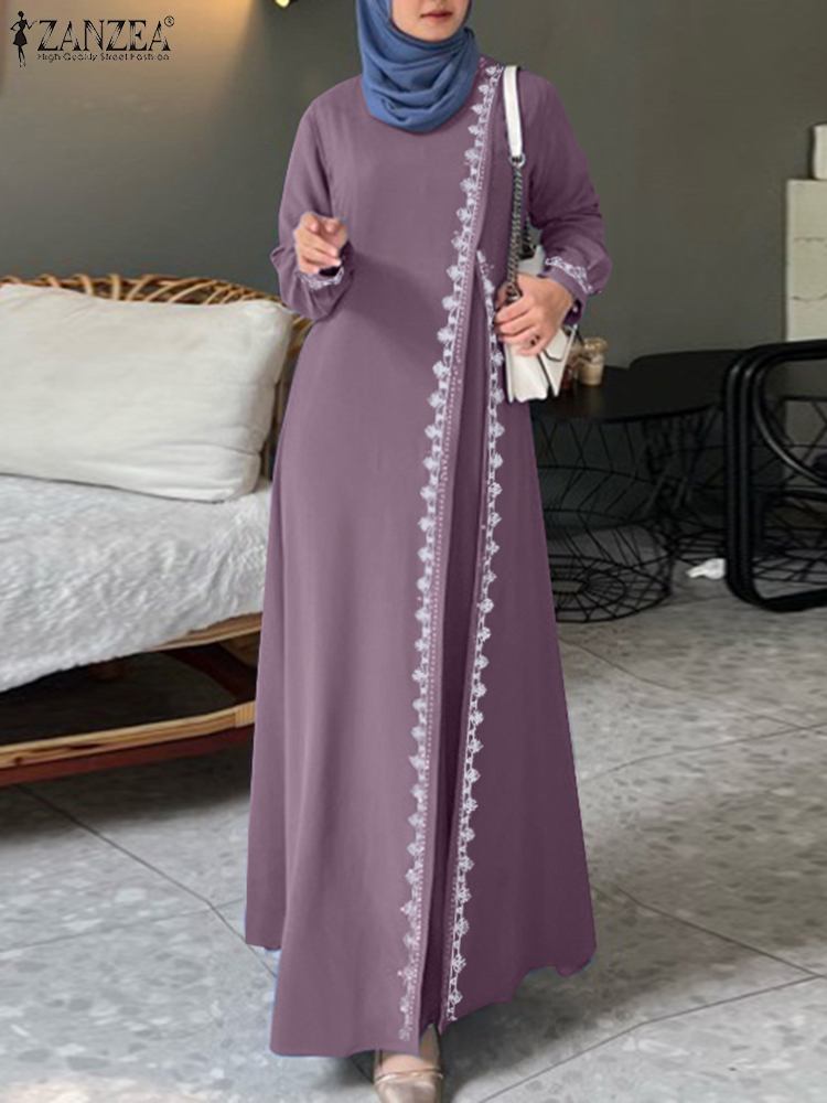 Zanzea primavera rendas crochê maxi vestido muçulmano turquia abaya elegante solto vestidos femininos manga longa o pescoço isamiâmico robe kaftan