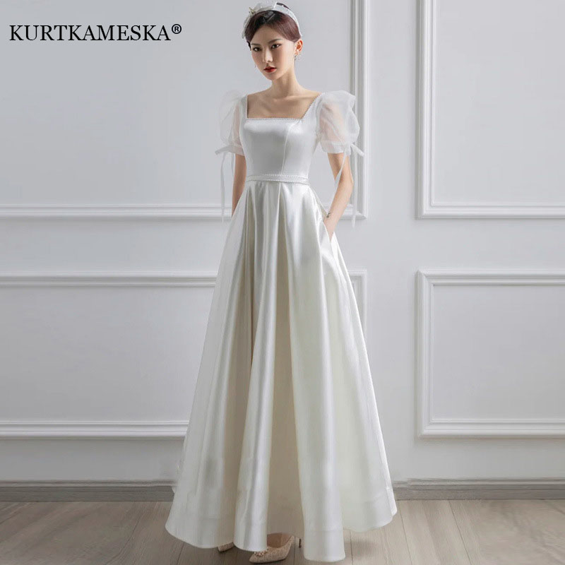 Vestidos de novia de satén blanco para novia, vestido Formal elegante con mangas abullonadas para invitados de noche, vestido largo de fiesta de verano, vestidos formales para mujer