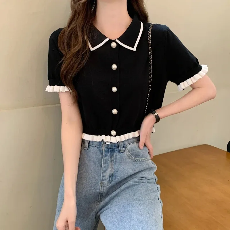 Doce camisa feminina coreano de malha turn down collar chique manga curta blusa feminina verão retro magro todos os jogos senhoras colheita topos
