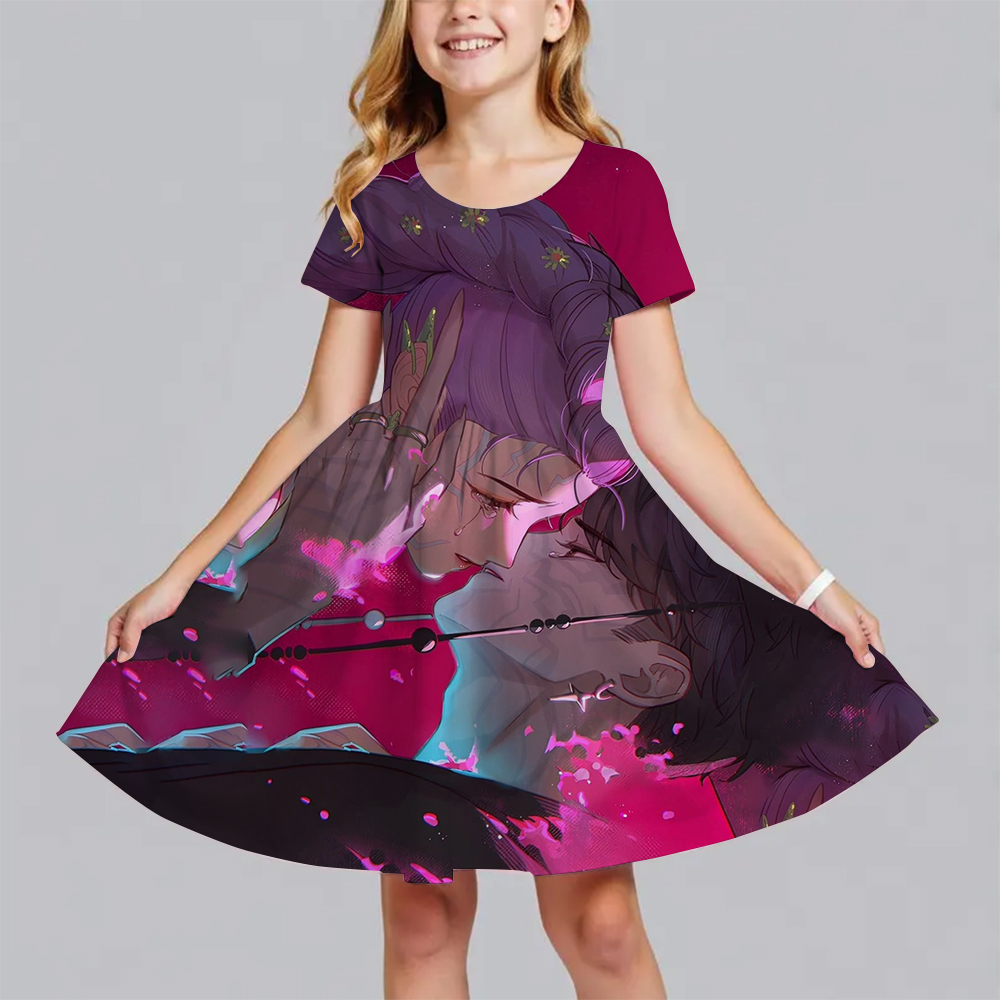Летнее модное легкое платье из полиэстера с милым рисунком Huntrix Kpop Demon Hunters, платье принцессы с короткими рукавами и принтом для девочек