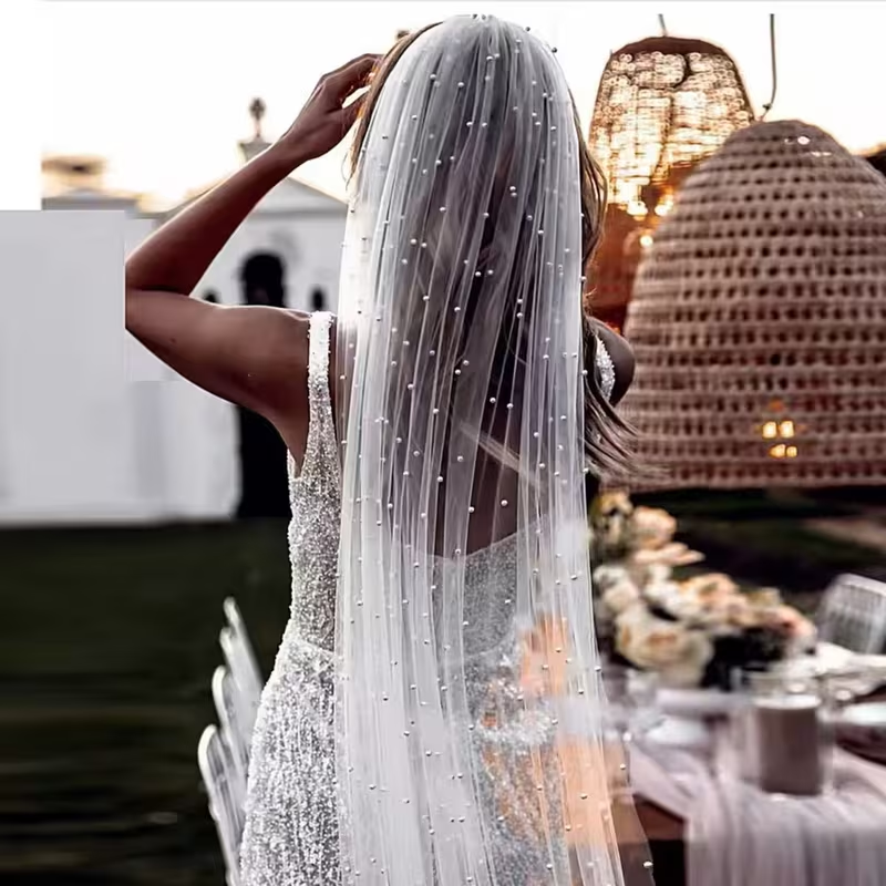 3 Meters Long Pearl Beaded Bridal Veil One Layer Long Wedding Marriage Accessories for Women