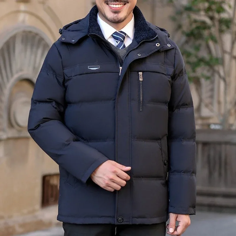 Nuevas chaquetas de invierno de longitud media para hombre, gruesas para el calor, llenas de plumón de pato blanco, con capucha y diseño resistente al viento