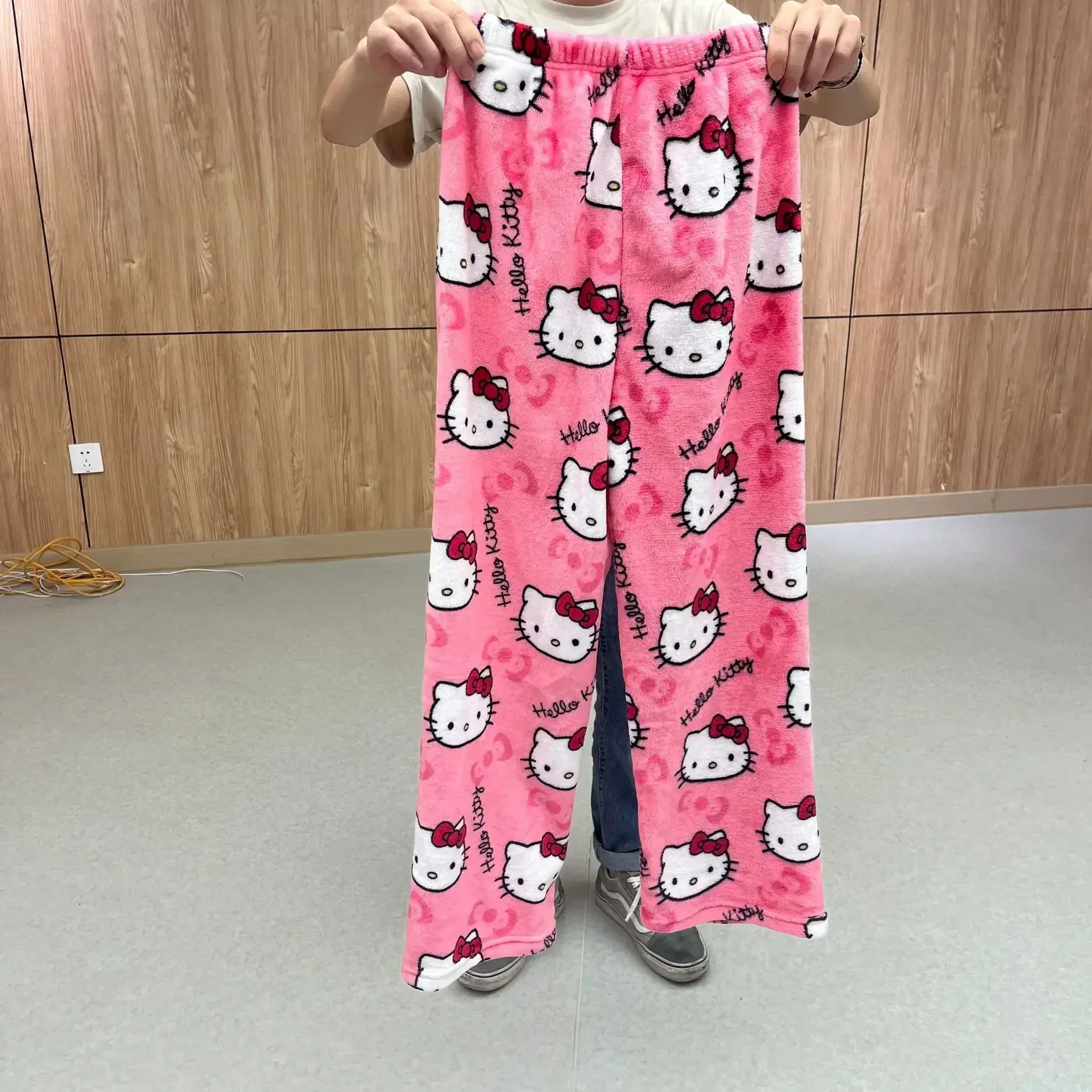 Pijama de flanela de lã quente feminino, calça preta dos desenhos animados, calça casual doméstica, minha melodia, Hello Kitty Sanrio, outono, inverno