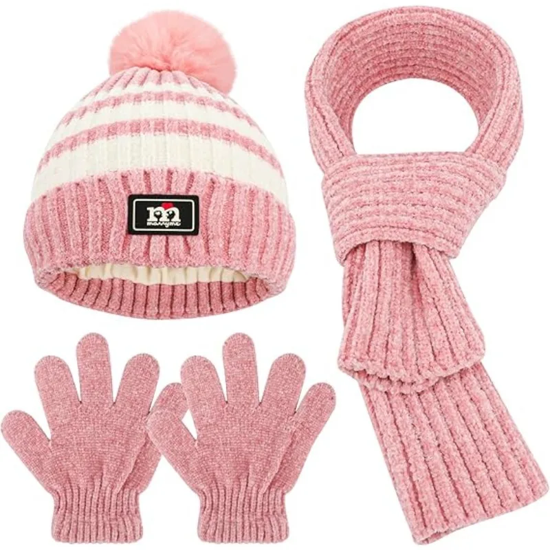 Set guanti sciarpa cappello invernale per bambini, cappello caldo con collo guanti caldi sciarpa cappello adatto per ragazze e ragazzi dai 6 ai 14 anni.